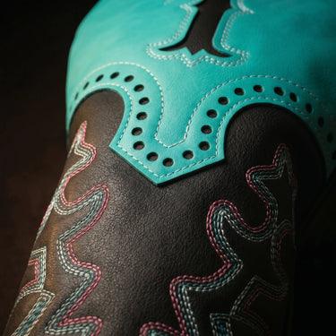Close-up of tri-colour boot-stitch embroidery on the Premium Vibrant Cowboy Golf Headcover - HeadCaddy