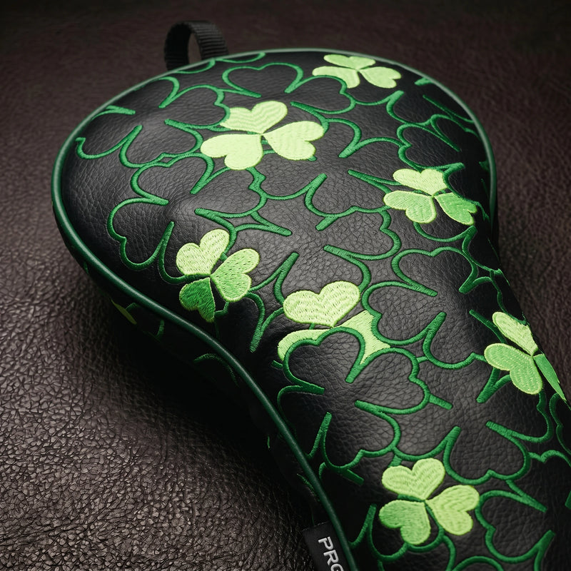 Emerald Clover Black Golf Headcover Driver Closeup - HeadCaddy