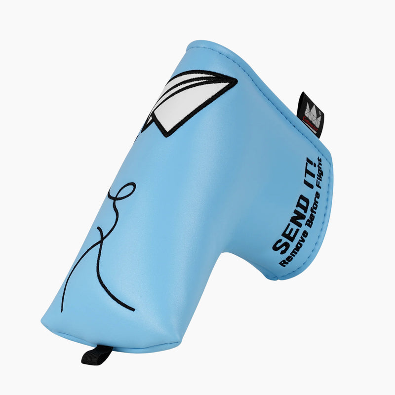 Light blue Send It blade putter cover angled back view with paper airplane design - HeadCaddy