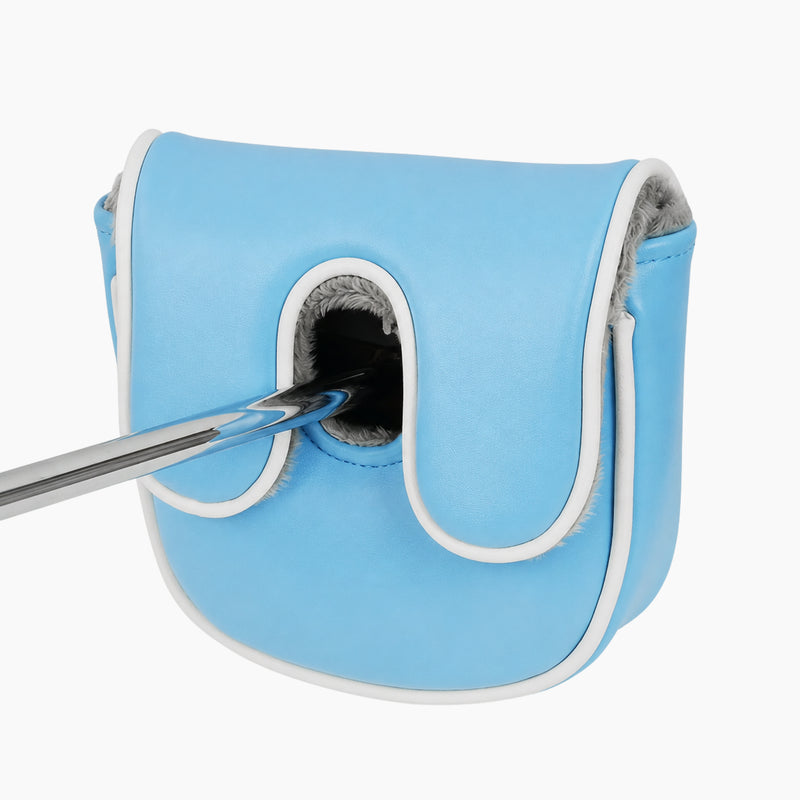 Light blue mallet putter cover back view with club shaft opening and soft gray interior lining - HeadCaddy