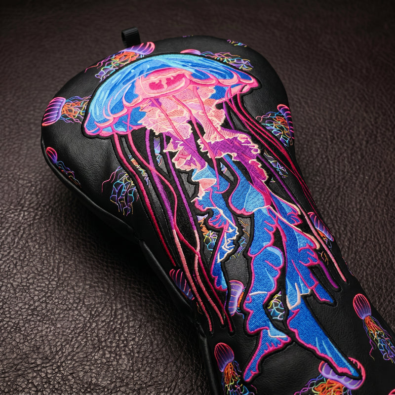 Ocean Drift Jellyfish Black Golf Headcover Driver Closeup - HeadCaddyy