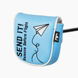 Send It Remove Before Flight mallet putter cover front angle with paper airplane design - HeadCaddy