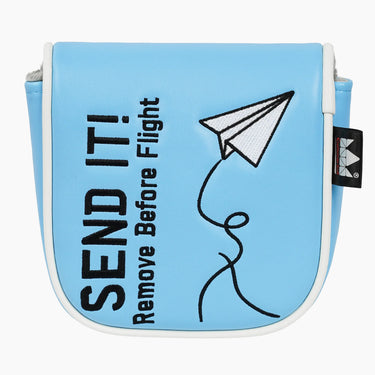 Send It Remove Before Flight mallet putter cover straight front view with paper airplane graphic - HeadCaddy