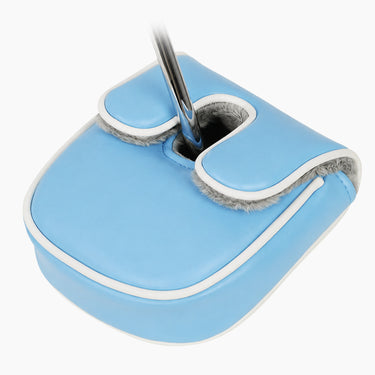 Send It mallet light blue putter cover top view with white trim and gray plush lining - HeadCaddy