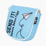Send It mallet putter cover angled front view with white piping and paper airplane embroidery - HeadCaddy