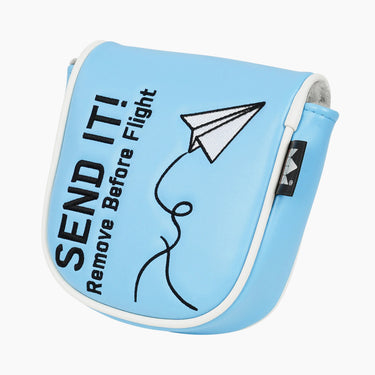 Send It mallet putter cover angled front view with white piping and paper airplane embroidery - HeadCaddy
