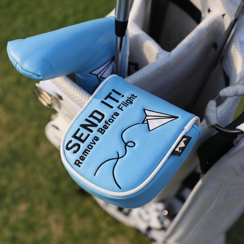Send It mallet putter cover on golf bag with light blue design, paper airplane embroidery, and white trim - HeadCaddy
