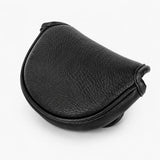 Black leather mallet putter cover shown at a front angle highlighting its rounded silhouette and pebbled texture. Studio product photo on white background - HeadCaddy