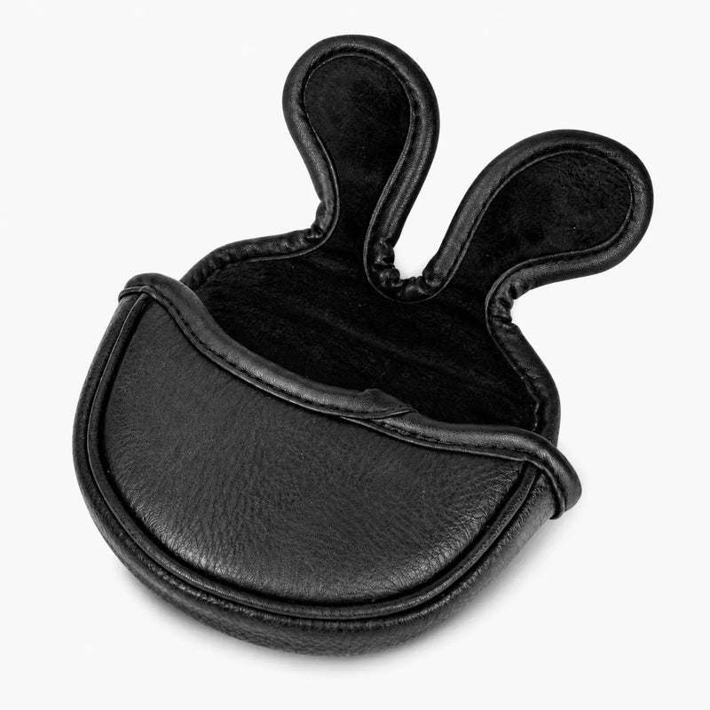 Black leather mallet putter cover open to reveal its soft plush interior lining. Studio product photo on white background - HeadCaddy