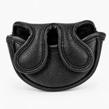 Black leather mallet putter cover shown from the back with the padded opening and soft interior lining visible. Studio product photo on white background - HeadCaddy