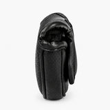 Side profile view of black leather mallet putter cover showing exterior stitching and soft interior lining at the opening. Studio product photo on white background - HeadCaddy