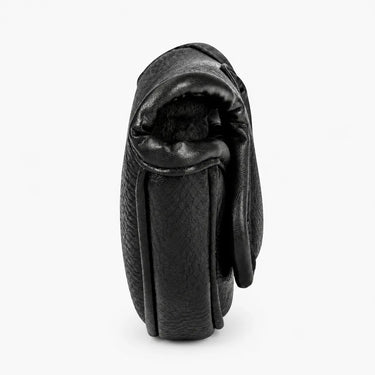 Side profile view of black leather mallet putter cover showing exterior stitching and soft interior lining at the opening. Studio product photo on white background - HeadCaddy