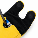 Back view of the mallet putter headcover showing the dual-wing shape in black suede-like material trimmed in yellow. Studio product photo on white background - HeadCaddy