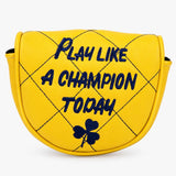 Yellow quilted leather-style mallet putter headcover embroidered with Play Like A Champion Today in navy lettering. Studio product photo on white background - HeadCaddy