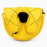 Top-down view of a yellow quilted leather-style mallet putter headcover showing the black cuff opening. Studio product photo on white background - HeadCaddy