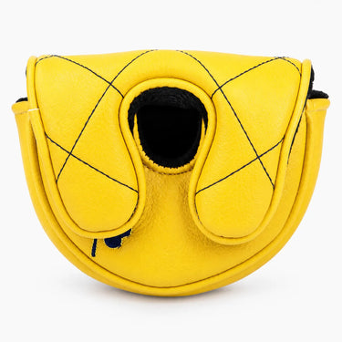 Top-down view of a yellow quilted leather-style mallet putter headcover showing the black cuff opening. Studio product photo on white background - HeadCaddy