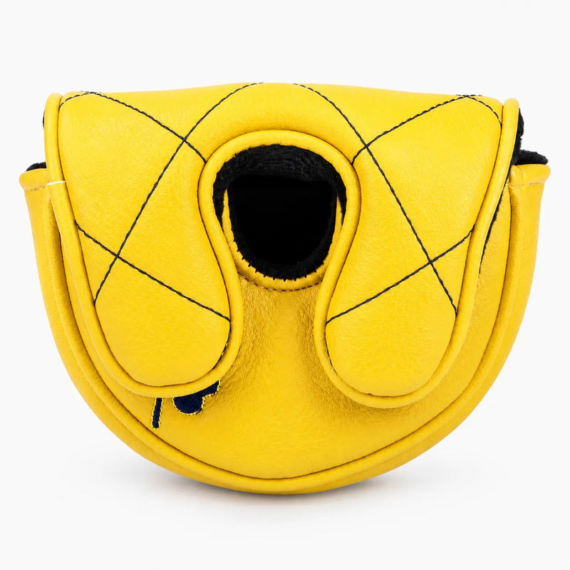 Top-down view of a yellow quilted leather-style mallet putter headcover showing the black cuff opening. Studio product photo on white background - HeadCaddy