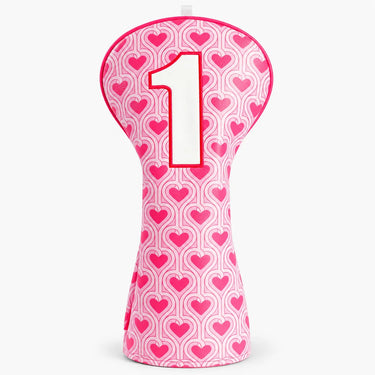 Retro Sweetheart Headcover driver cover in pink retro heart pattern with number 1, front view - HeadCaddy