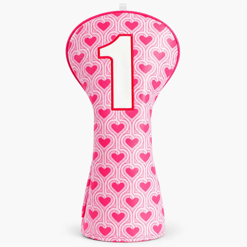 Retro Sweetheart Headcover driver cover in pink retro heart pattern with number 1, front view - HeadCaddy