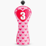 Retro Sweetheart Headcover fairway wood cover in pink retro heart pattern with number 3 in heart, front view - HeadCaddy