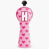 Retro Sweetheart Headcover hybrid cover in pink retro heart pattern with H marking, front view - HeadCaddy