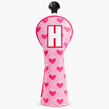 Retro Sweetheart Headcover hybrid cover in pink retro heart pattern with H marking, front view - HeadCaddy